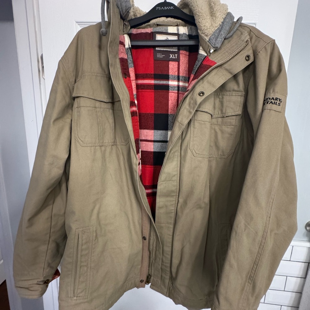 Men's Tan Jacket with Red Plaid Lining